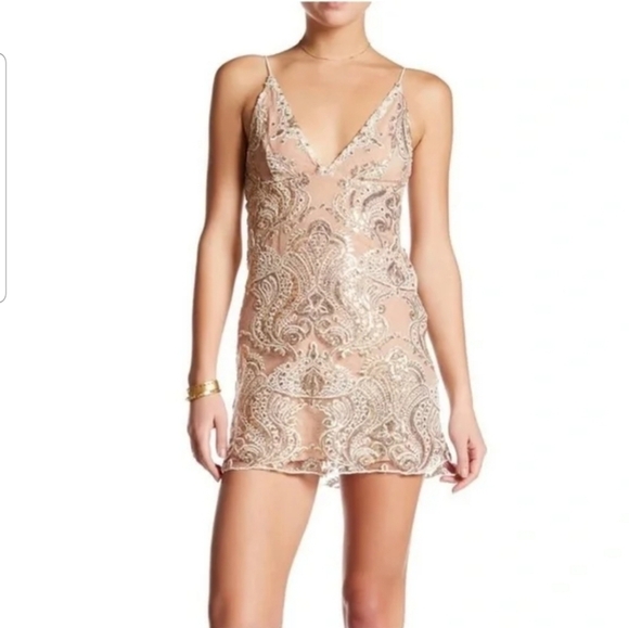 Free People Night Shimmers Mini Dress Lace Sparkly Size S Ivory/Beige Neutral - Picture 1 of 14